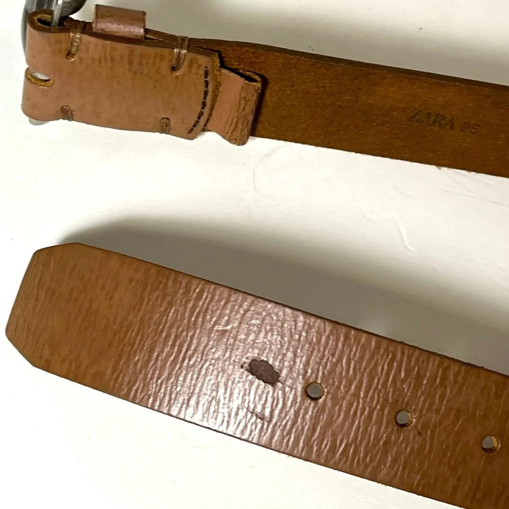 Zara Womens Braided Leather Belt 1.5 Inches Wide Caramel Tan Silvertone Buckle